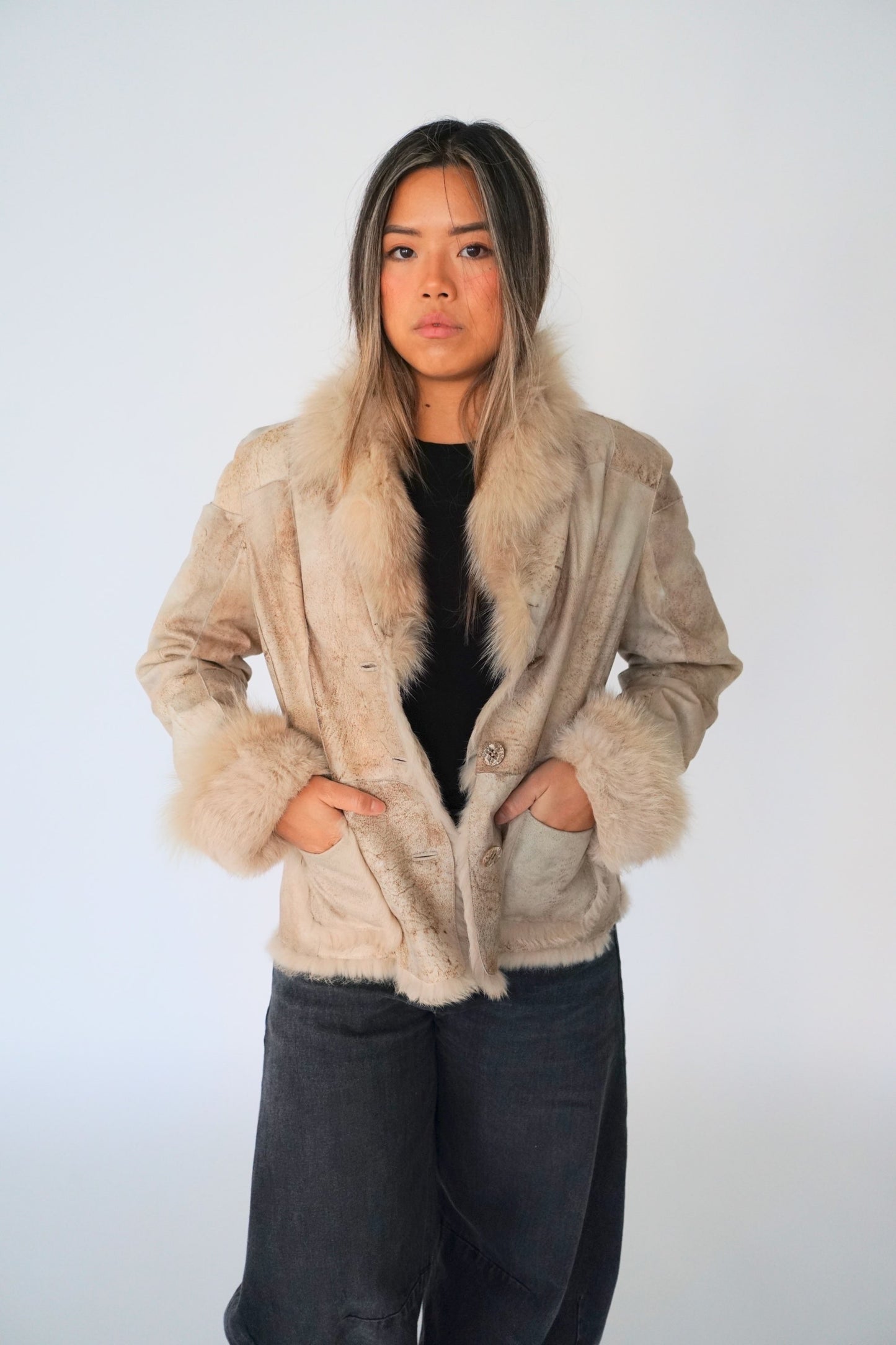 Marella Sport Rabbit Fur Trim Leather Jacket