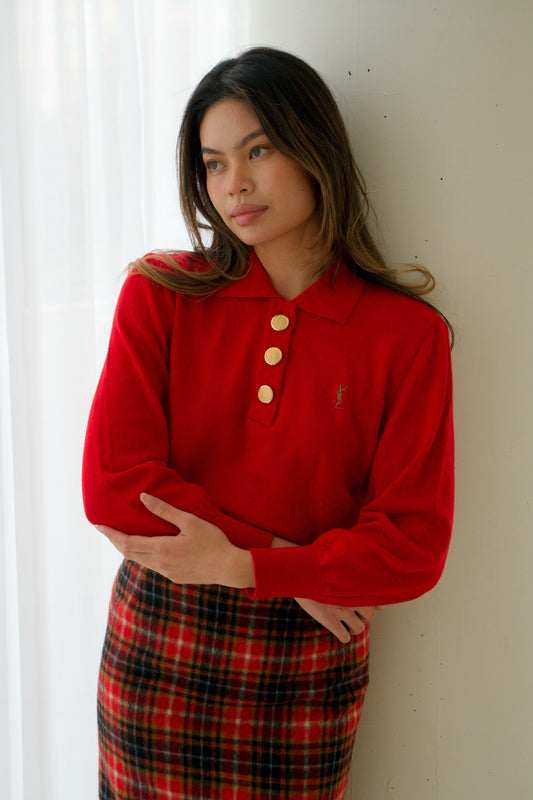 Yves Saint Laurent Logo Gold 1/2 Button Down LS Knit