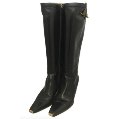 Gucci Wooden Heel Leather Knee High Chain Buckle Boots