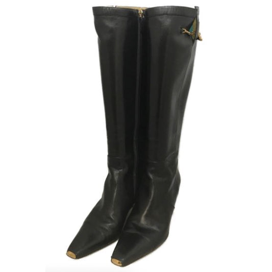 Gucci Wooden Heel Leather Knee High Chain Buckle Boots