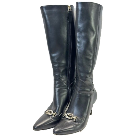 Gucci Horsebit Logo Metal Strap Knee High Boots SZ39