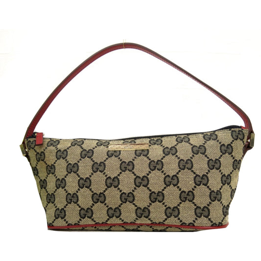 Gucci Monogram Canvas Red Leather Trim Pouchette Handbag