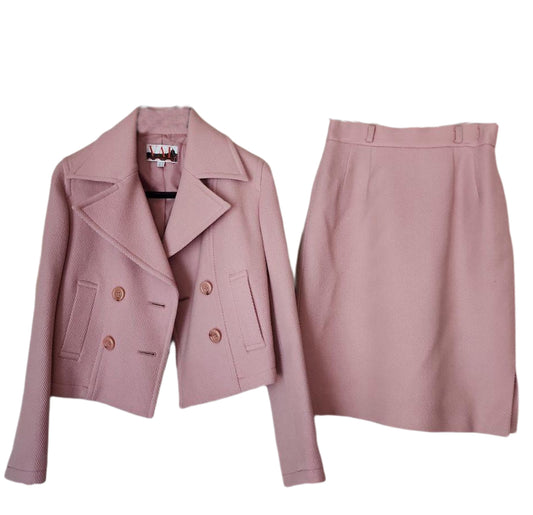 Valentino Pink Wool Double Breasted Blazer Skirt Suit Set