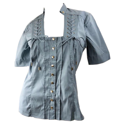 Gucci SS Lace Up Button Down Square Neck Blouse