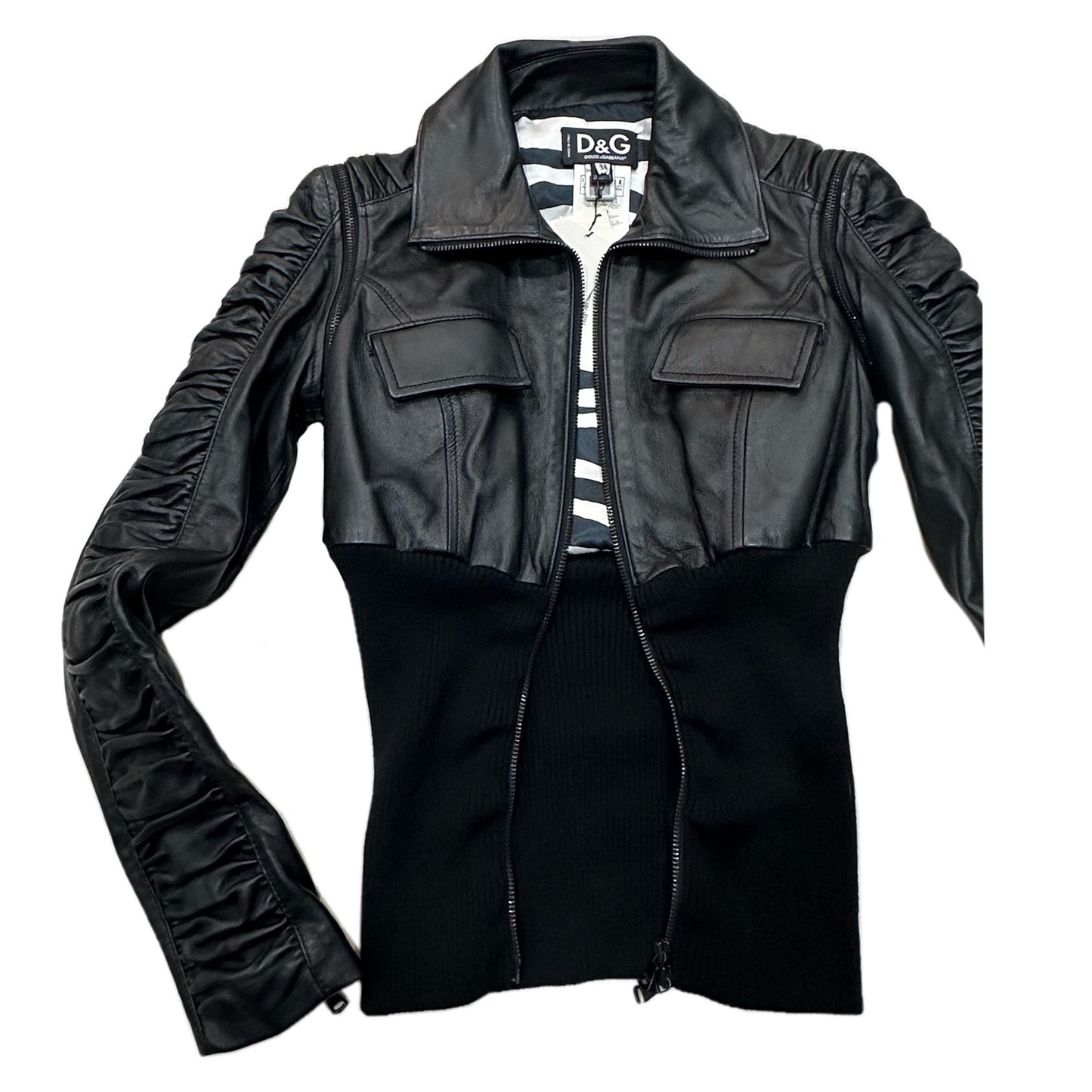 Dolce & Gabbana Leather Pleated Sleeve LeatherJacket w Elastic Waist