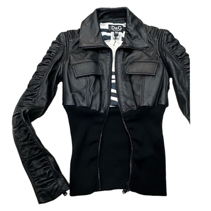 Dolce & Gabbana Leather Pleated Sleeve LeatherJacket w Elastic Waist