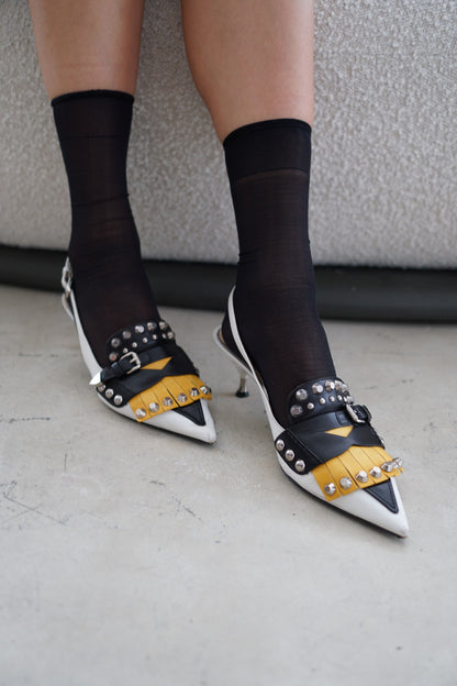 Prada Leather Fringe Studded Point Toe Kitten Heels Sz 38