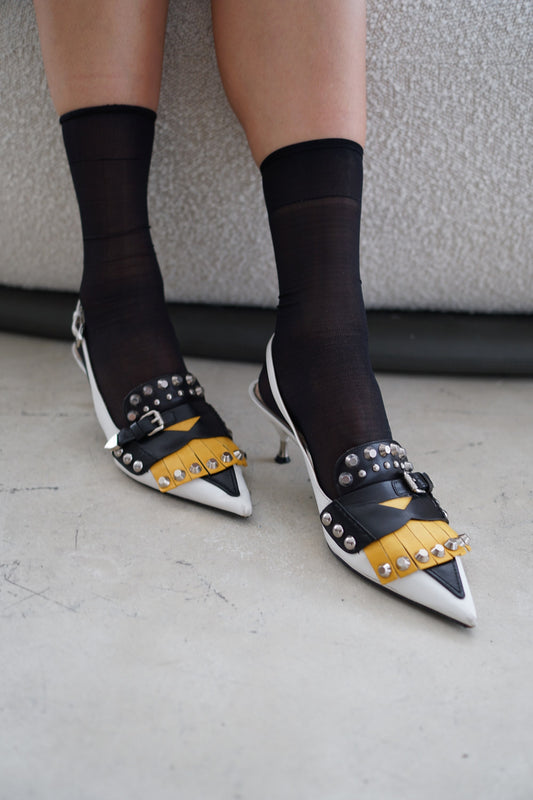 Prada Leather Fringe Studded Point Toe Kitten Heels Sz 38