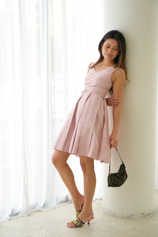 Prada V Neck Belted Pleated Dress
