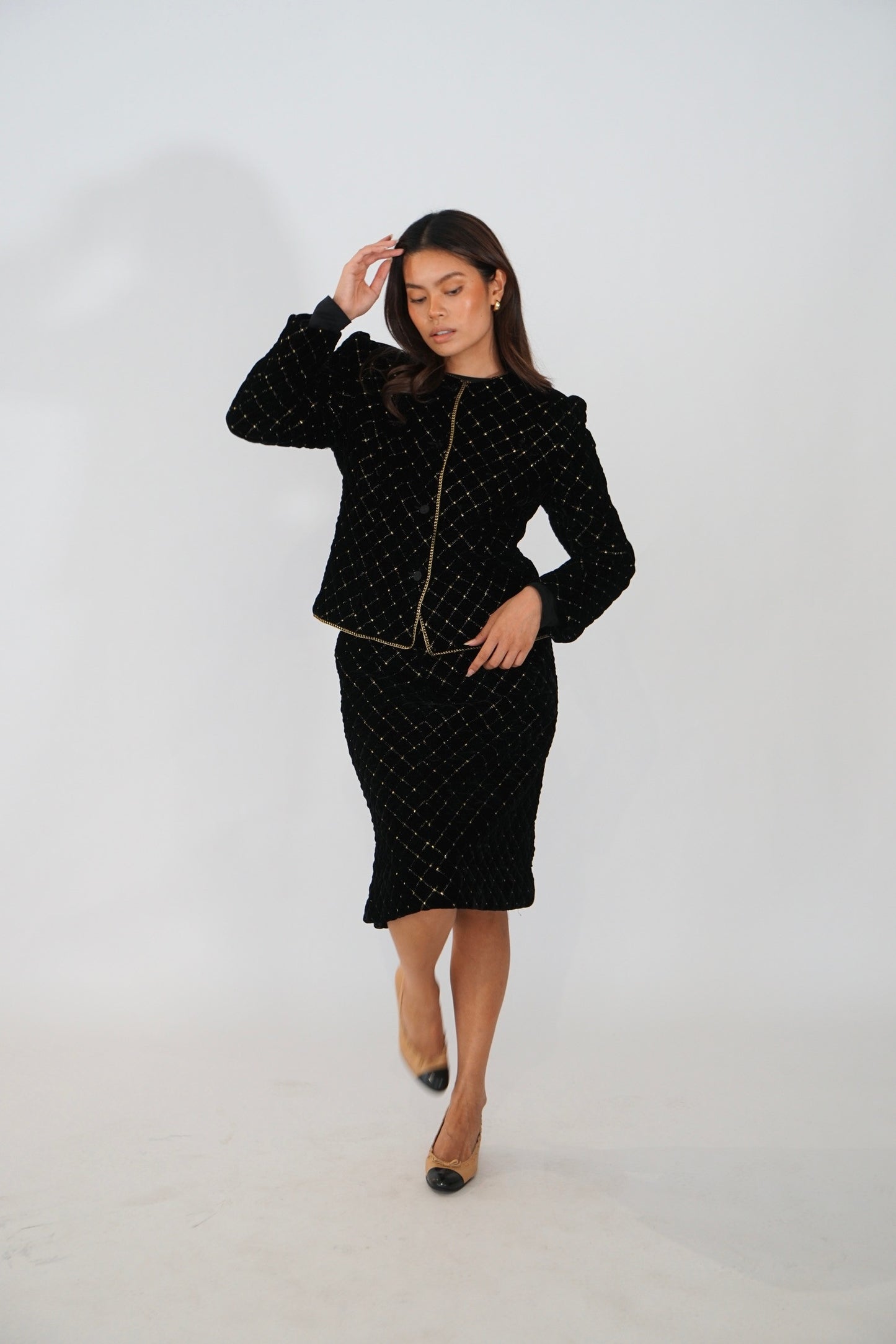 Celine Velvet Quilted Gold cushion embroidery  jacket skirt suit