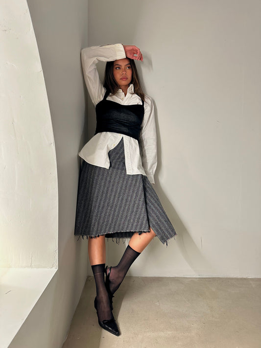 Tricot Comme Des Garcons Stripe Wool Raw Zipper Midi Skirt