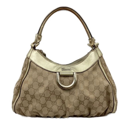 Gucci Monogram Metal Buckle Gold Leather Trim Shoulder Handbag