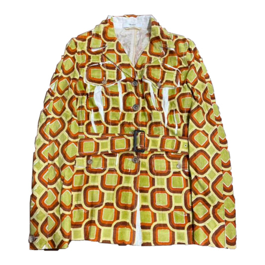 Prada Square Tile Print Silk Buckle Belt Jacket