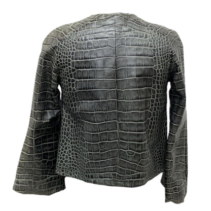 Giorgio Armani Calf Leather Reptile Assymetrical Zip Flare Sleeve Jacket
