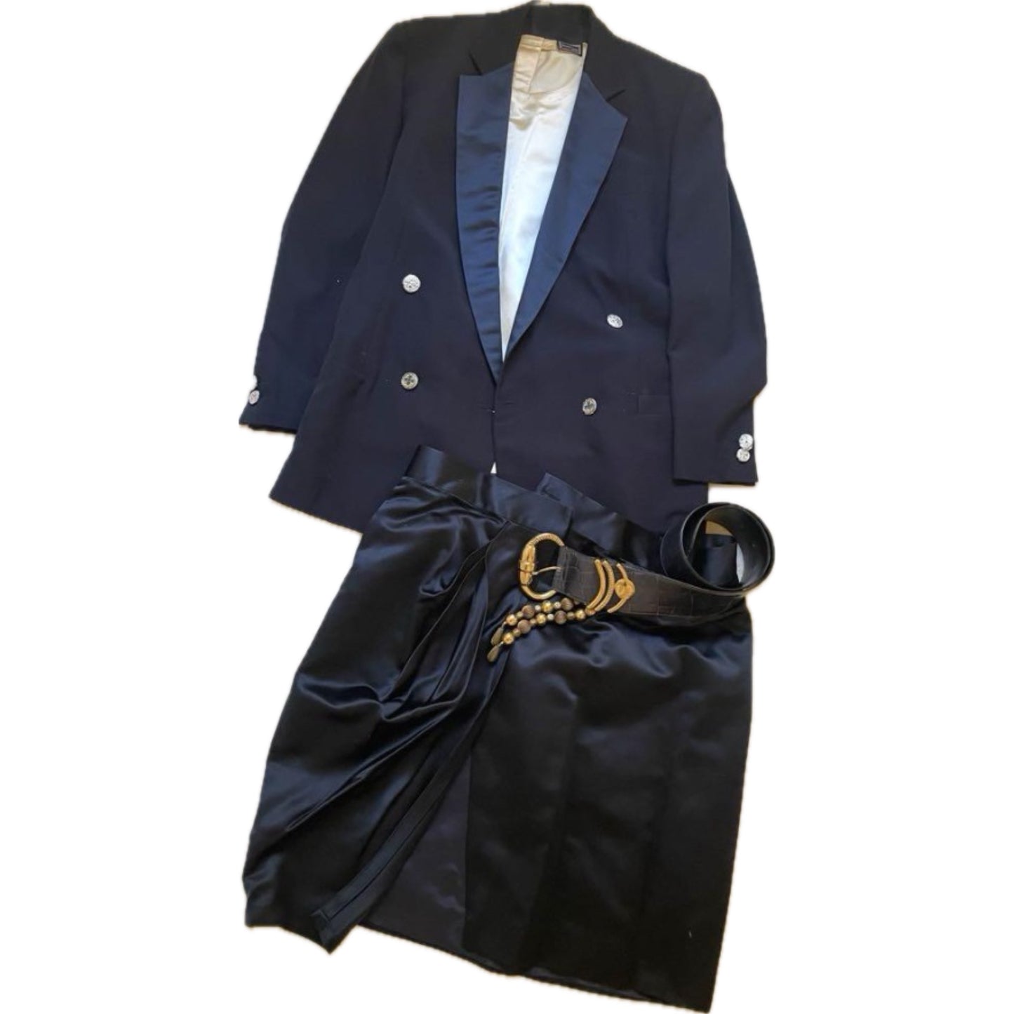 Gianni Versace Double Breasted Blazer Wrap Skirt w Beaded Drop Gold Buckle Belt