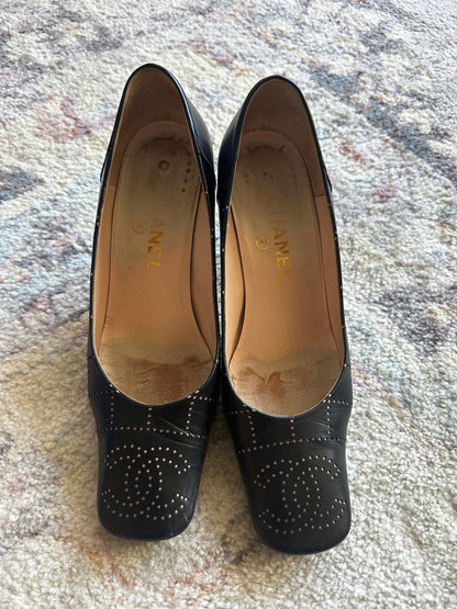 Chanel Logo Square Toe Heels