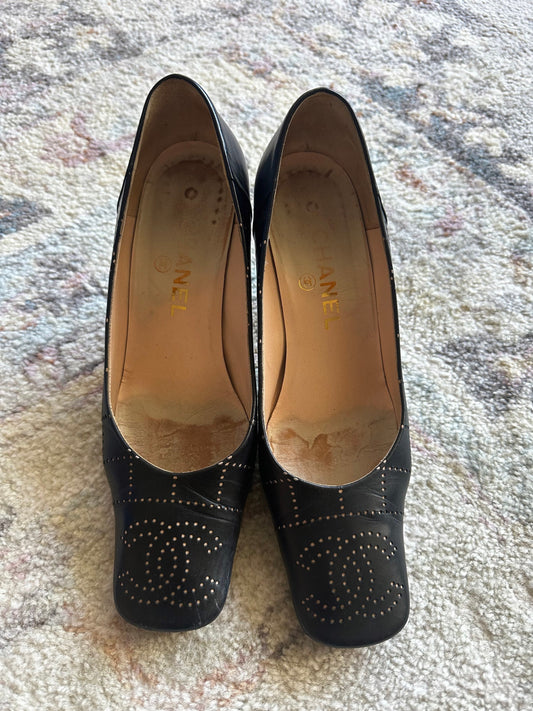 Chanel Logo Square Toe Heels