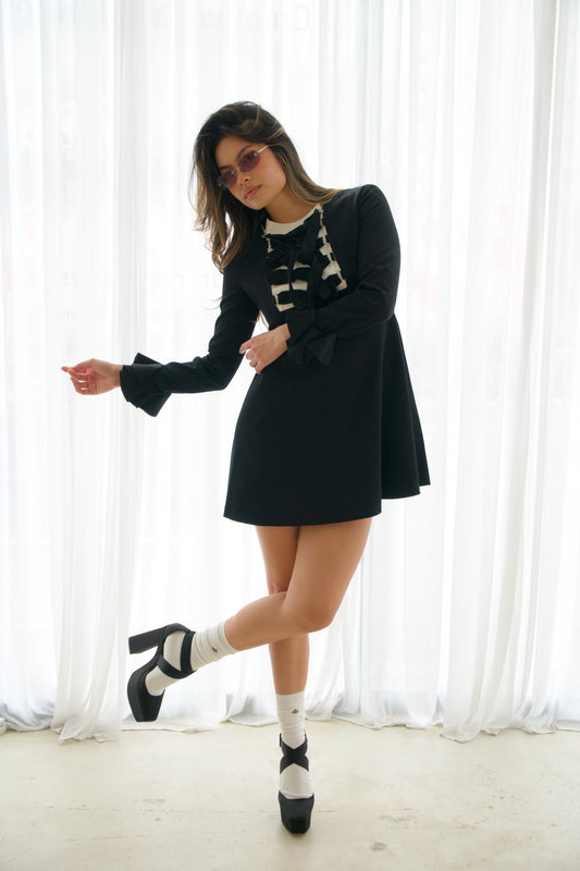 Yves Saint Laurent Lace Up Zip LS Flare Babydoll Dress