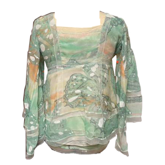 Diane Von Furstenburg ButterflyGlitter Mesh Insert Square Neck Bell Sleeve Blous