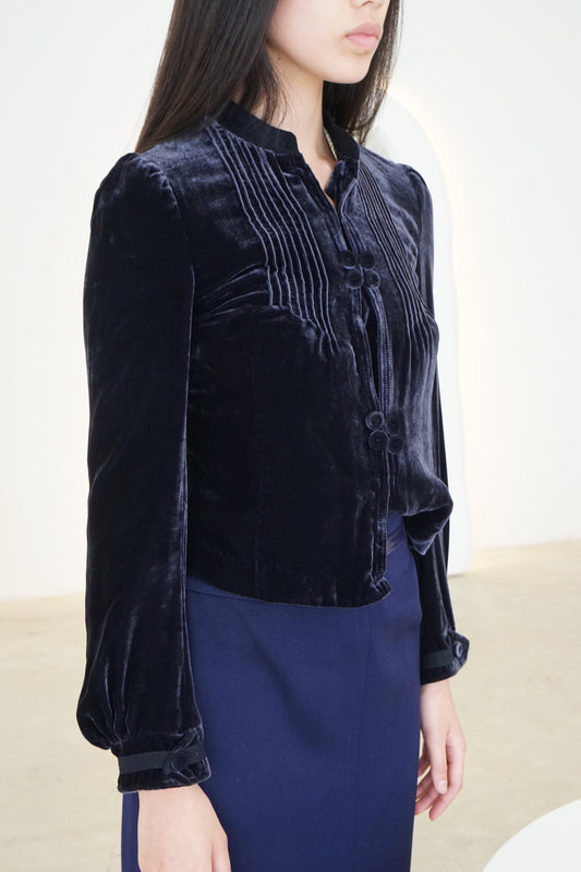 Max & Co Velvet Pleated Navy Frog Closure Jacket