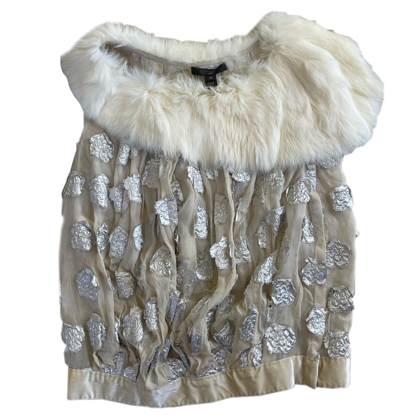 Louis Vuitton Fur Off Shoulder Collar Metallic Floral Applique Silk Top