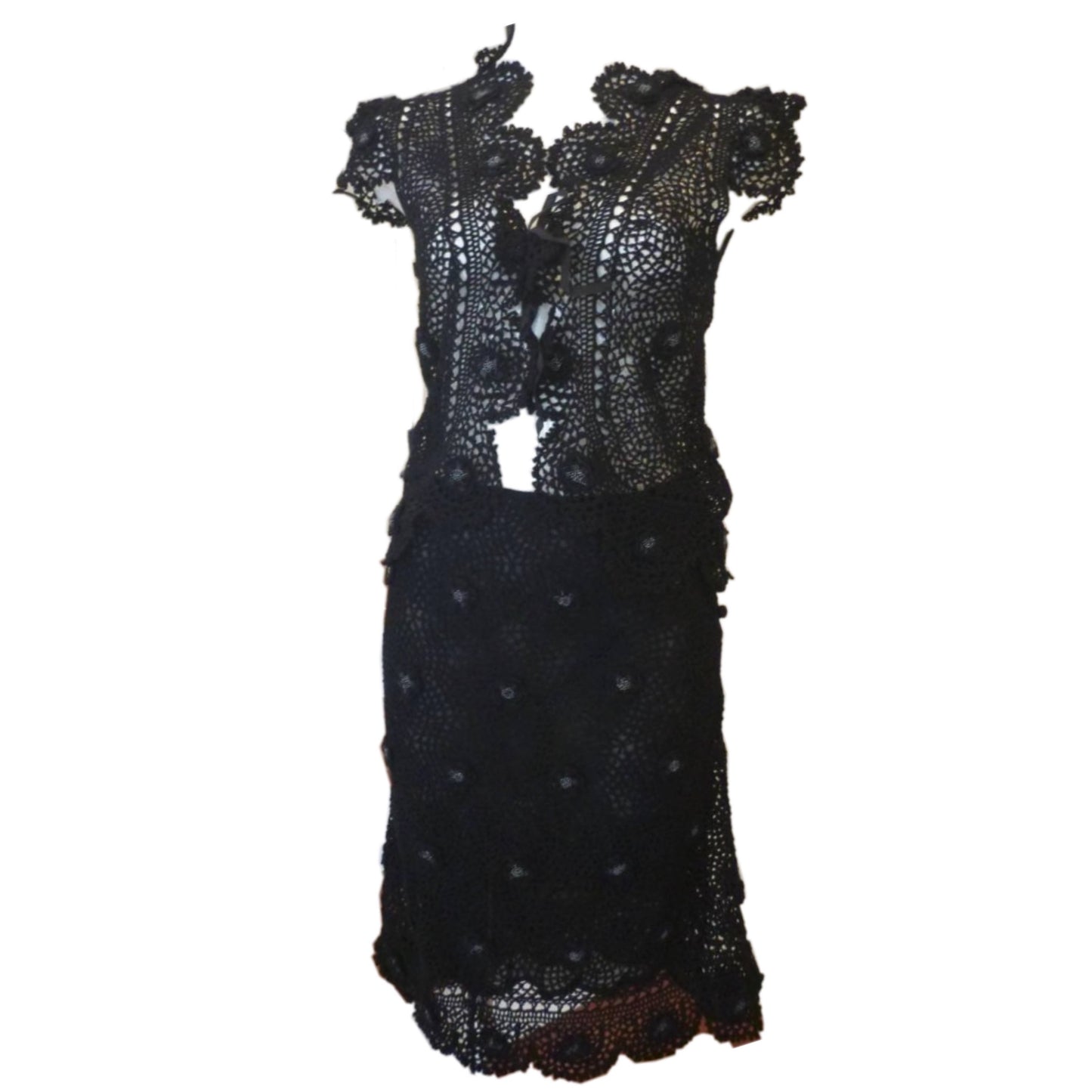 Moschino Cheap And Chic Crochet Beaded Floral Cardigan Skirt Two Piece Set