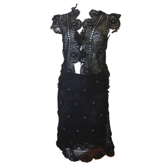 Moschino Cheap And Chic Crochet Beaded Floral Cardigan Skirt Two Piece Set