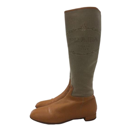 Prada Leather Canvas Logo Knee High Boots