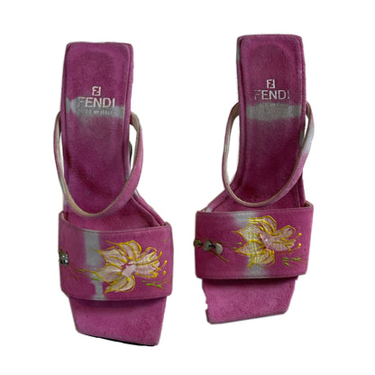 Fendi Pink Floral Beaded Suede Irregular Heel