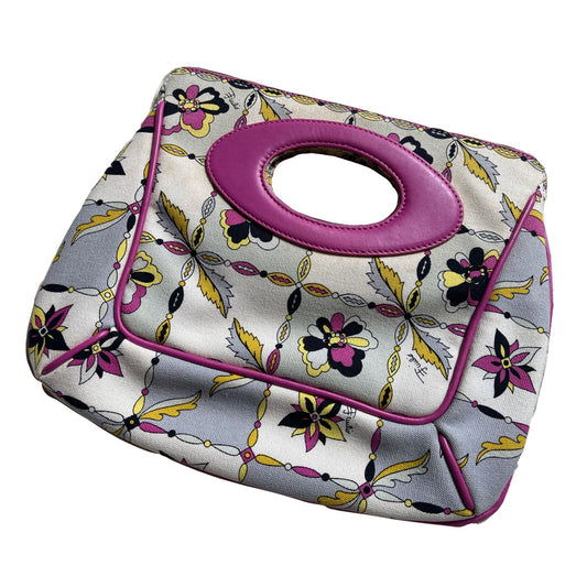 Emilio Pucci Canvas Multi Print Leather Trim Handle Clutch