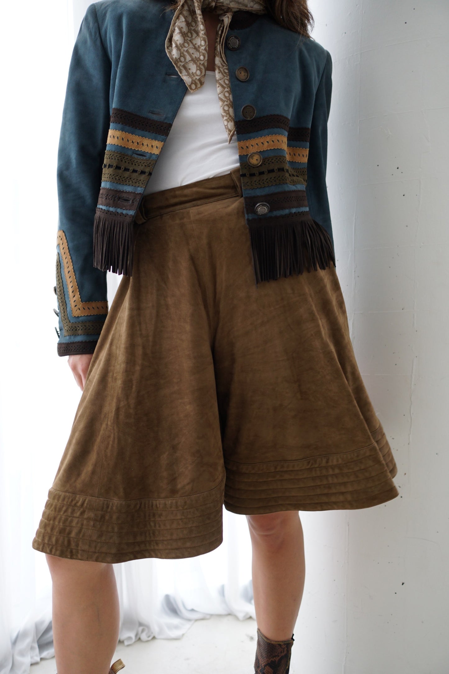 Loewe Suede Tan Pleated Circle Hemmed Shorts