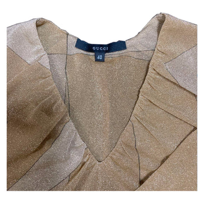 Gucci by Tom Ford Lurex Glitter V Neck LS Abstract Top Gold