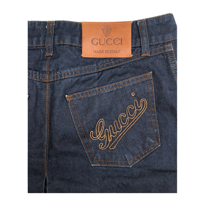 Gucci Denim Mini Pleat Skirt W/ Embroidered Logo