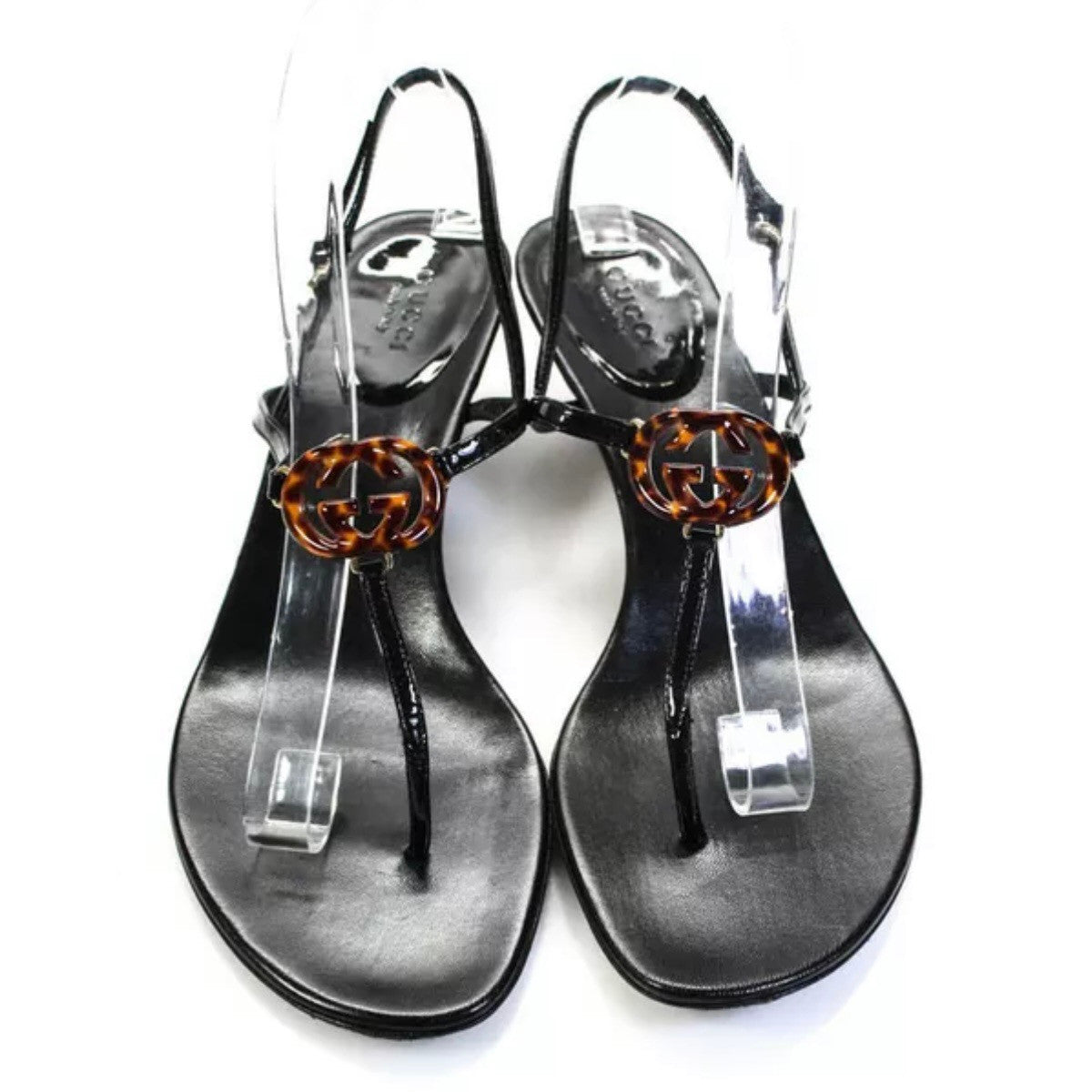 Gucci Leather Interlock GG Tortoise Shell Kitten Heel Sandals