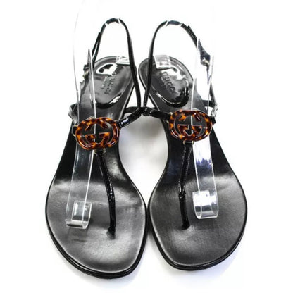 Gucci Leather Interlock GG Tortoise Shell Kitten Heel Sandals