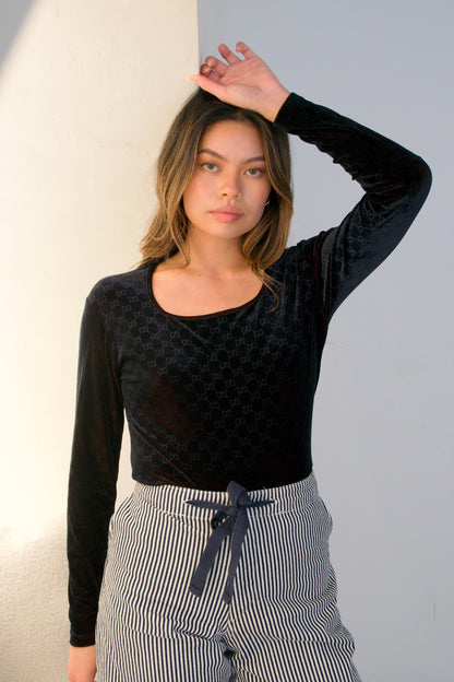 Gucci Velvet Monogram Scoop Neck LS Top
