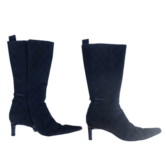 Gucci Black/Brown Monogram Kitten Heel Mid Calf Boot