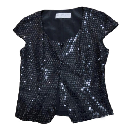 Givenchy Sequin Cap Sleeve Button Down Scoop Neck Top