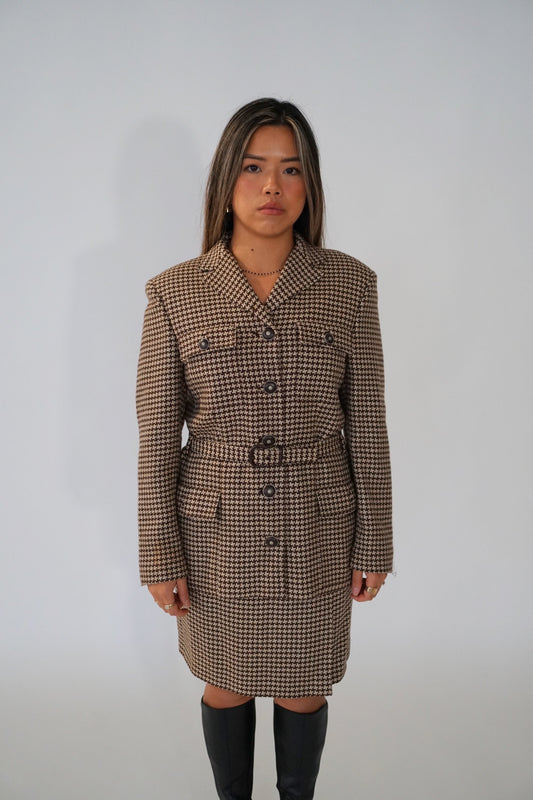 Versace Houndstooth Wool Belted Pocket Blazer Skirt Two Piece Suit Set