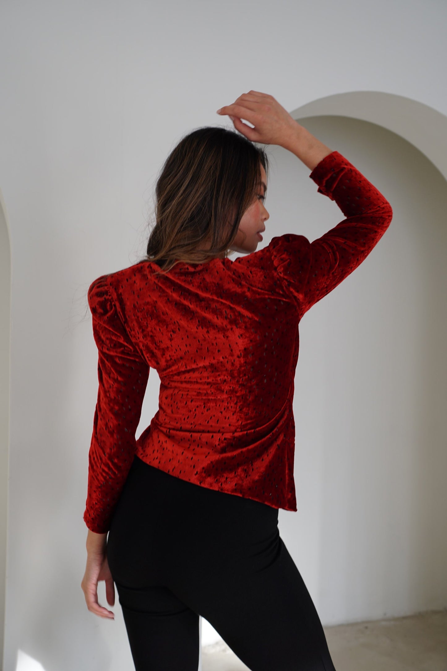 Givenchy Hi Formal Red Shoulder Pad Velvet Ruched Sleeve Wrap LS Top