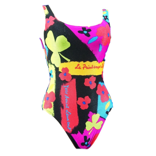 Yves Saint Laurent Abstract Floral Logo Print Low Back One Piece Swimsuit