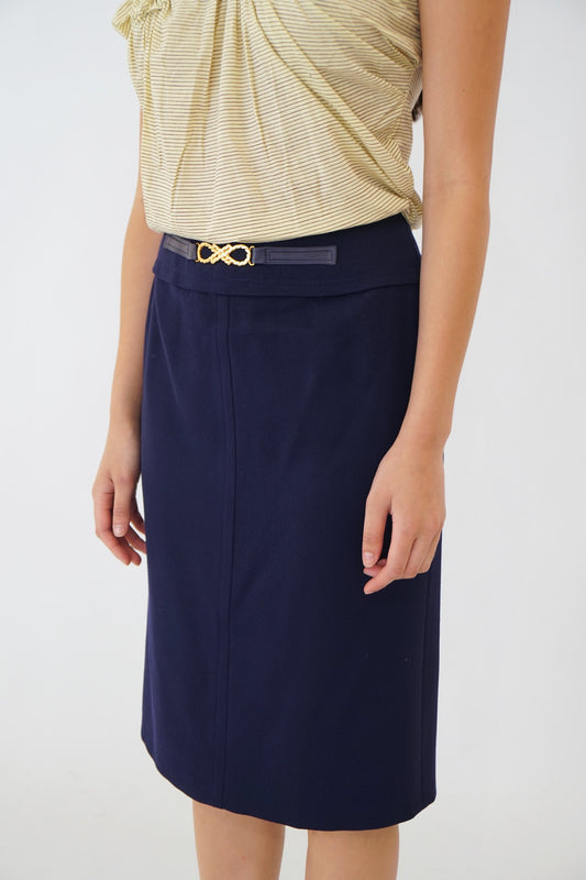 Celine Navy Pencil Skirt W Gold Buckle & Leather Detailing