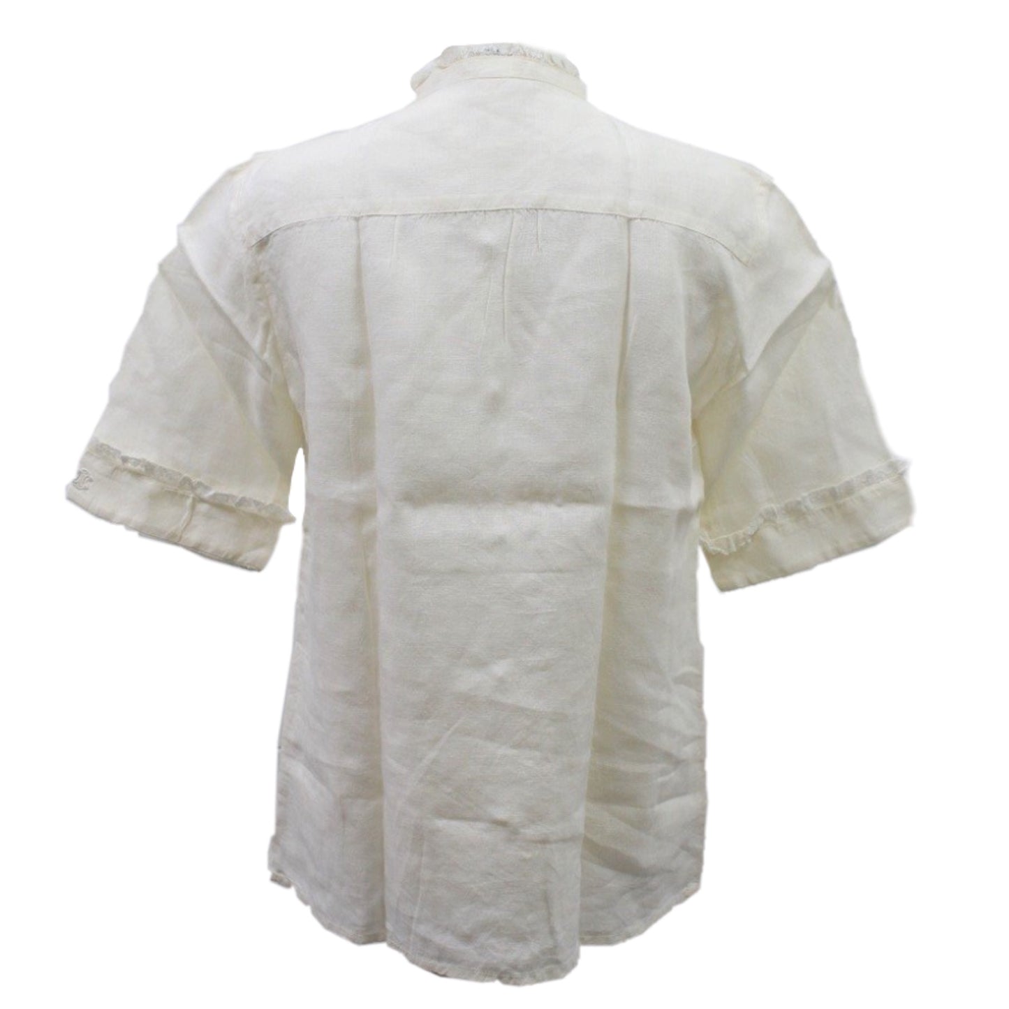 Celine Linen Lace Panel Frill Neck SS Button Down Blouse