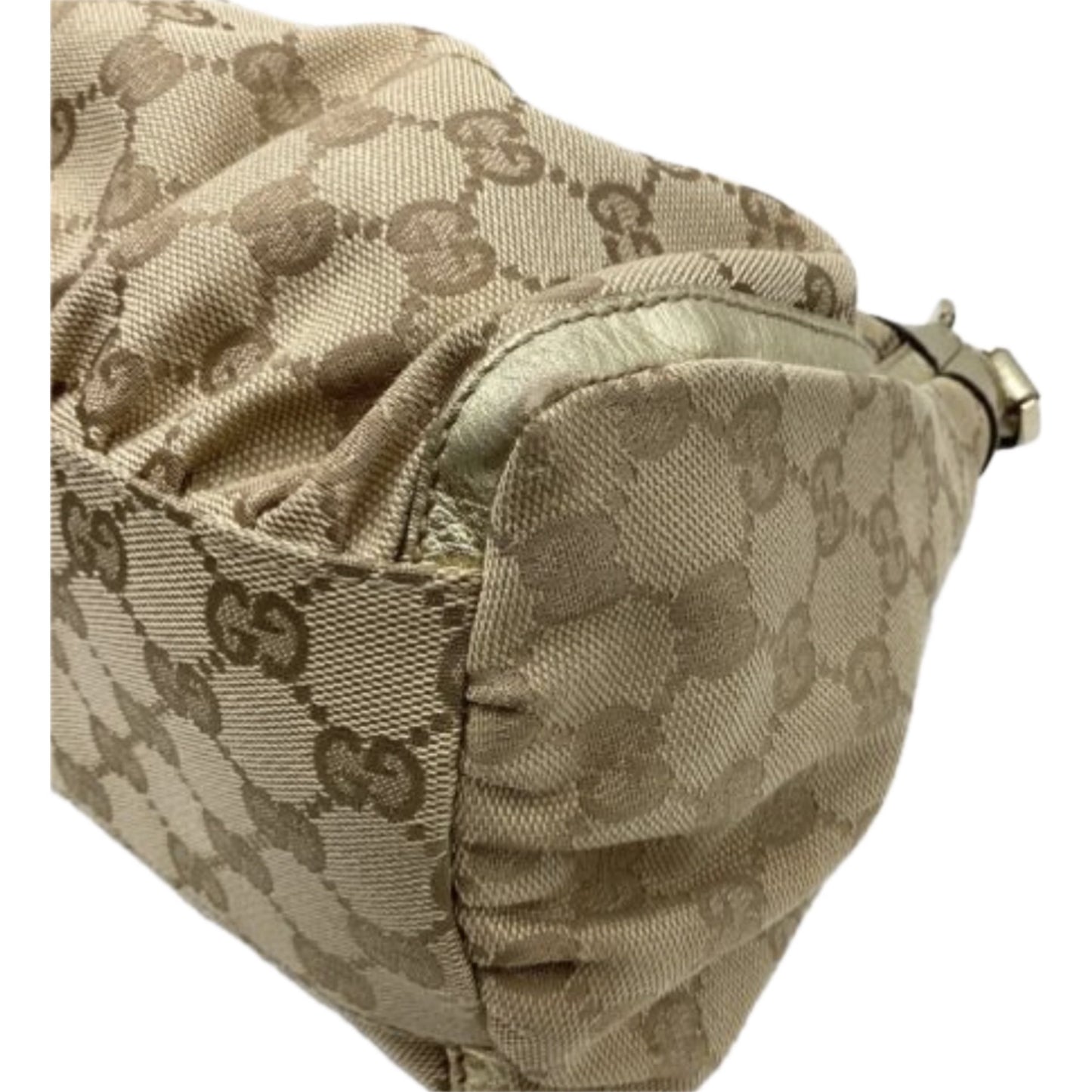 Gucci Monogram Metal Buckle Gold Leather Trim Shoulder Handbag