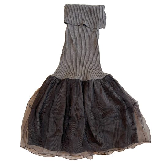 Louis Vuitton Wool Knit Drop Waist Tulle Plaid Midi Dress