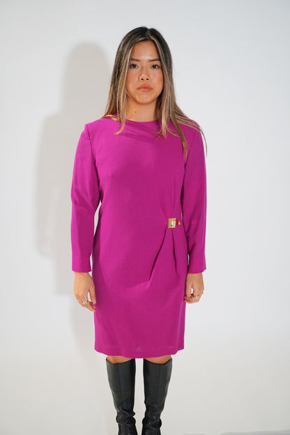 Celine 3/4 Sleeve Fuschia Pink LS Shift Dress w Gold Metal Buckle