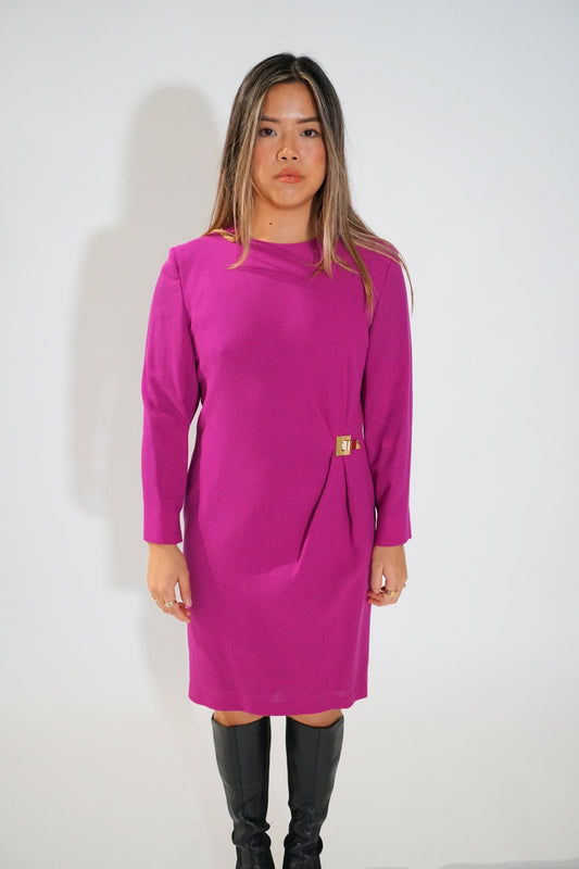Celine 3/4 Sleeve Fuschia Pink LS Shift Dress w Gold Metal Buckle