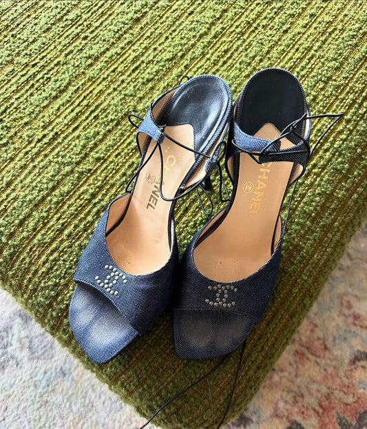 Chanel Denim Studded CC Logo Wrap Heels