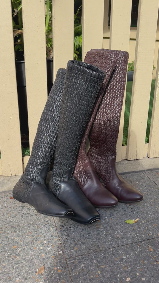 Bottega Venneta Intrecciato Brown Woven Knee High Boots sz 38