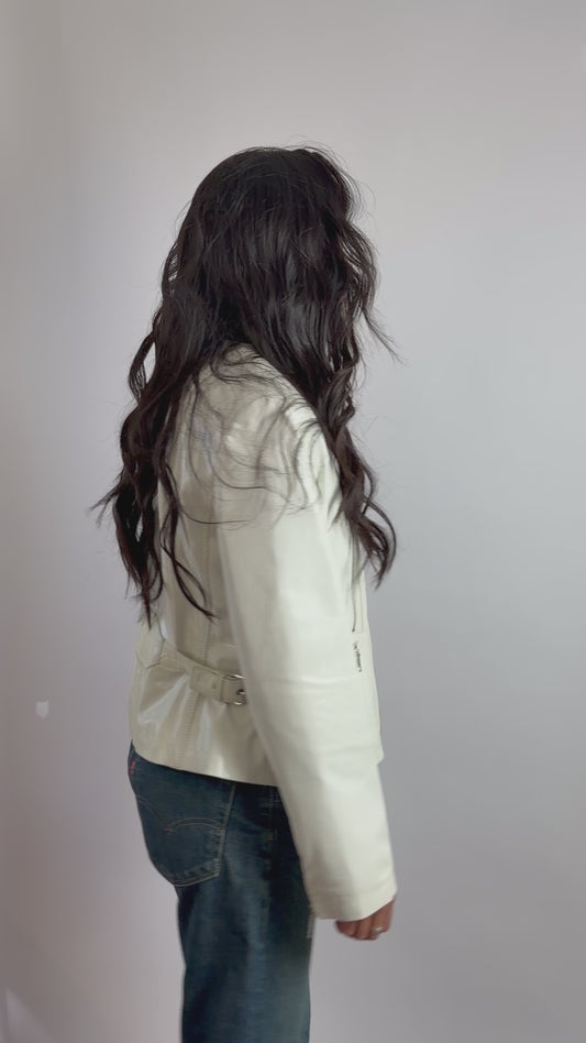 Celine White Motorcycle Zipper Collarless Leather Jacket